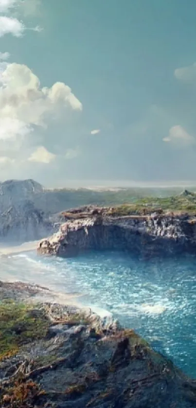 Serene coastal scene with cliffs and ocean view under a blue sky.