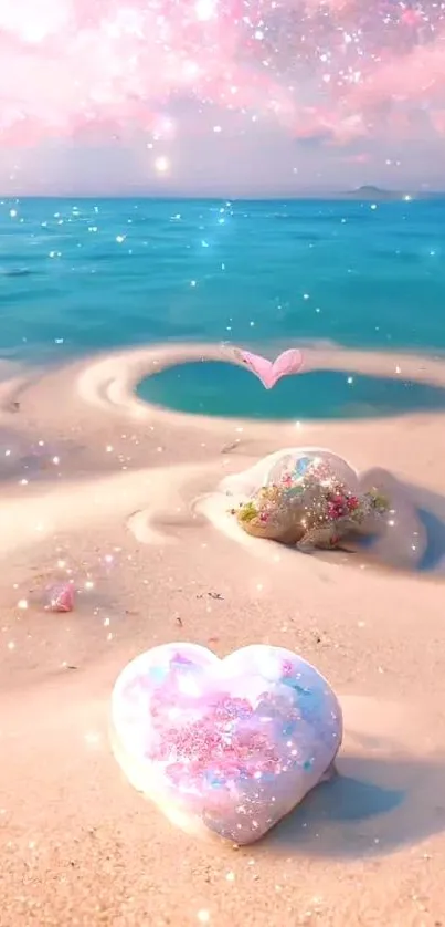 Heart-shaped stones on sandy beach with a serene ocean backdrop.