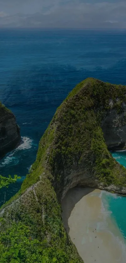 Scenic view of a coastal cliff with turquoise ocean waves and sandy beach.