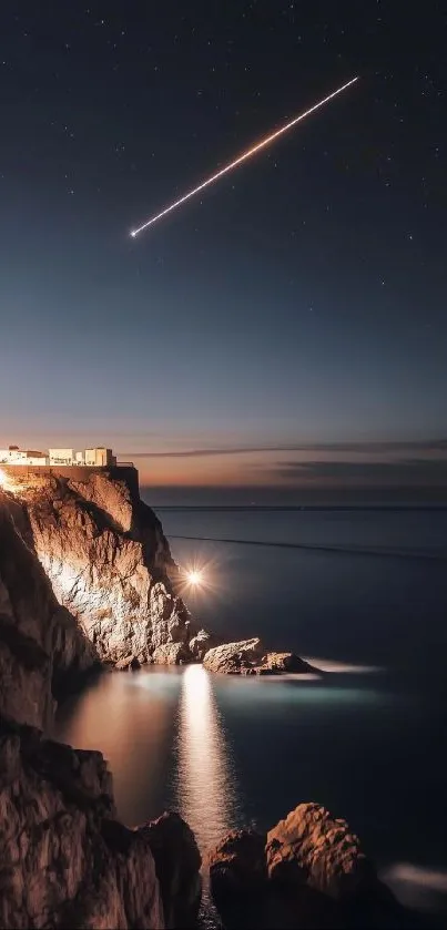 Shooting star over coastal cliffs at night.