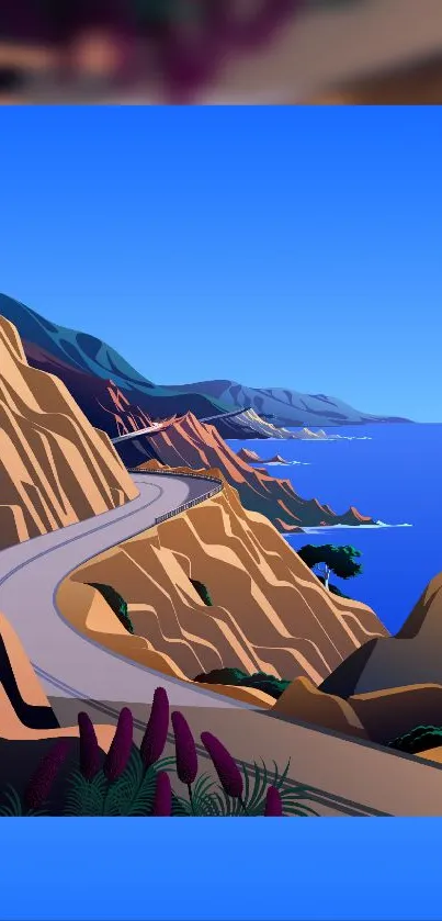 Illustrated landscape with scenic coastal road and mountains.