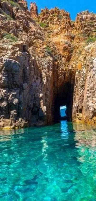 Turquoise water and coastal rock arch.