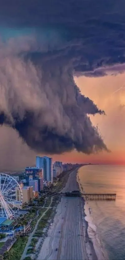 Vibrant coastal storm with lightning and sunset over the ocean.