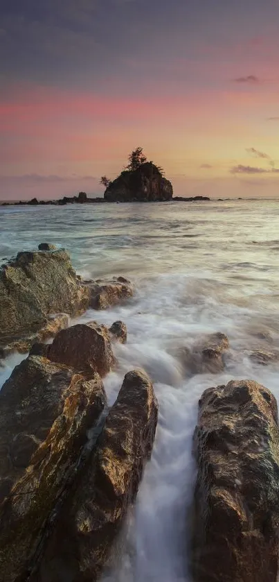 Vibrant sunset over a rocky ocean shore.