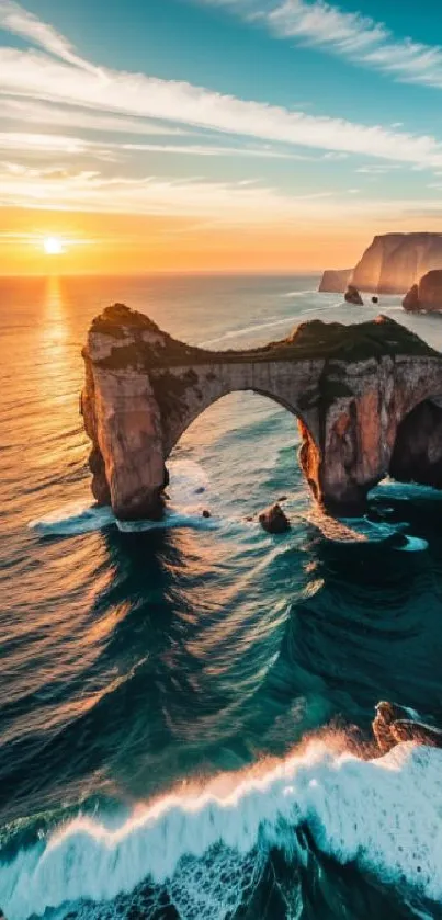 A stunning coastal sunset with ocean waves and a rock archway.