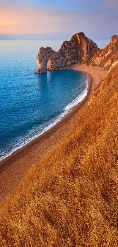 Stunning coastal sunset wallpaper with cliffs and ocean.