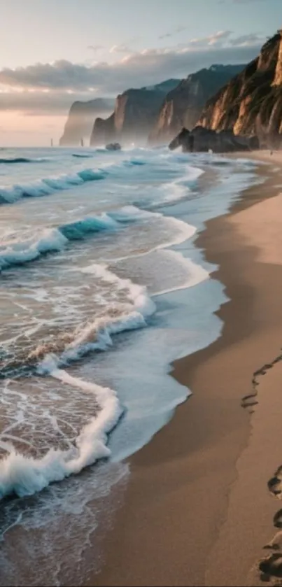 Beach at sunset with waves and cliffs.