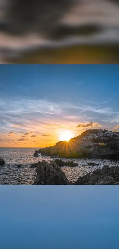 Coastal sunset wallpaper with rocky cliffs, vibrant sky, and serene waves.