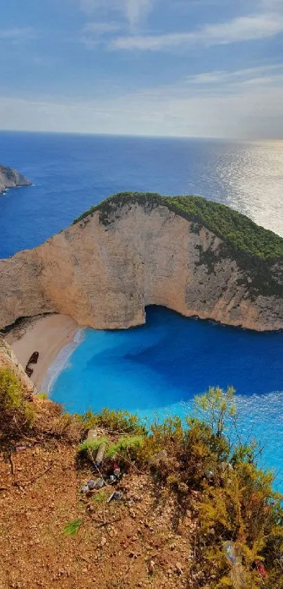 Scenic coastal view with blue ocean and sunny skies.