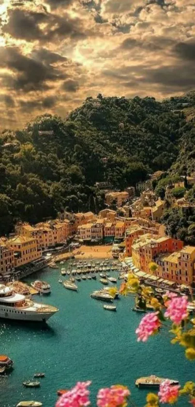 Aerial view of a scenic coastal village with vibrant colors and calm waters.