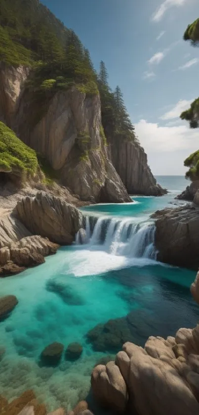 Coastal waterfall scene with turquoise water and cliffs.