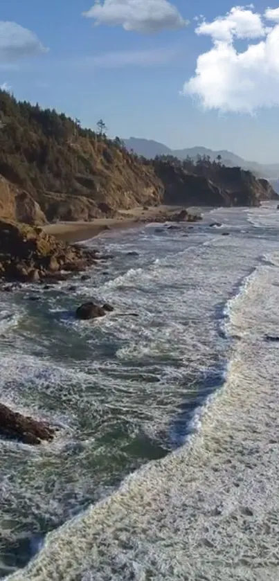 Aerial view of a beautiful coastline with ocean waves and a clear blue sky.