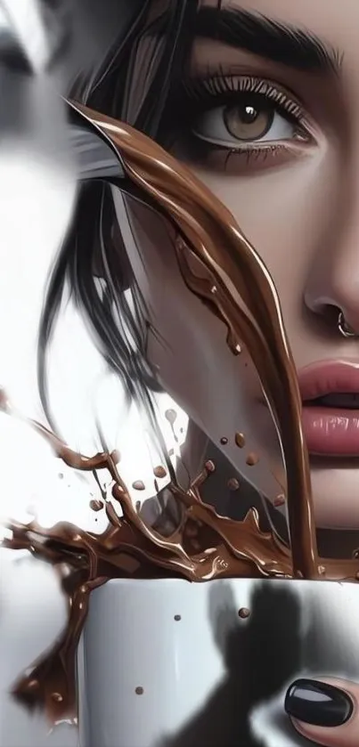 Stylish woman with coffee splash art background.