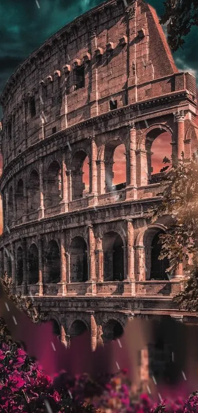 Vibrant Colosseum under dramatic sky wallpaper.