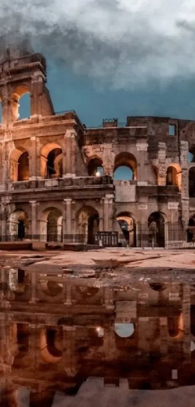 Reflective view of the Colosseum under a dramatic sky in Rome.