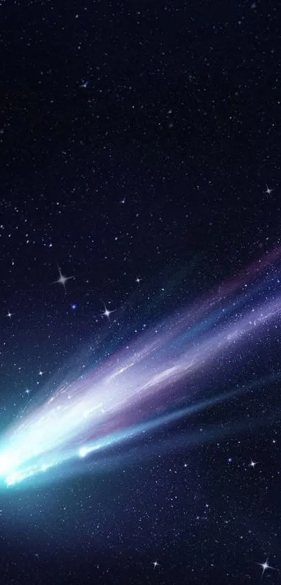 Mobile wallpaper with a vibrant comet against a starry night sky backdrop.