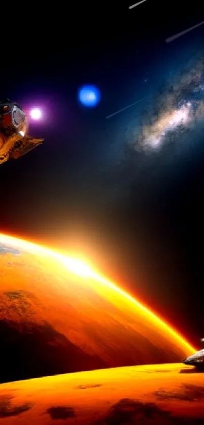 A stunning cosmic wallpaper featuring planets, a spaceship, and a vibrant galaxy.