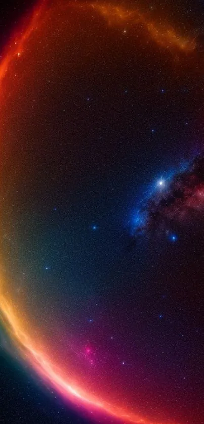 Fiery cosmic arc with stars in multicolor space scene.