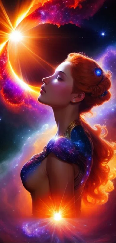 Goddess silhouette in vibrant cosmic art with glowing orange and blue hues.