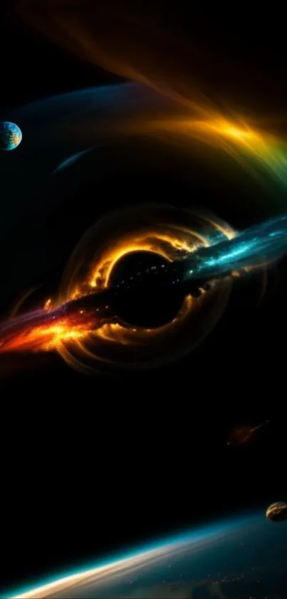 Colorful cosmic scene with black hole and planets.