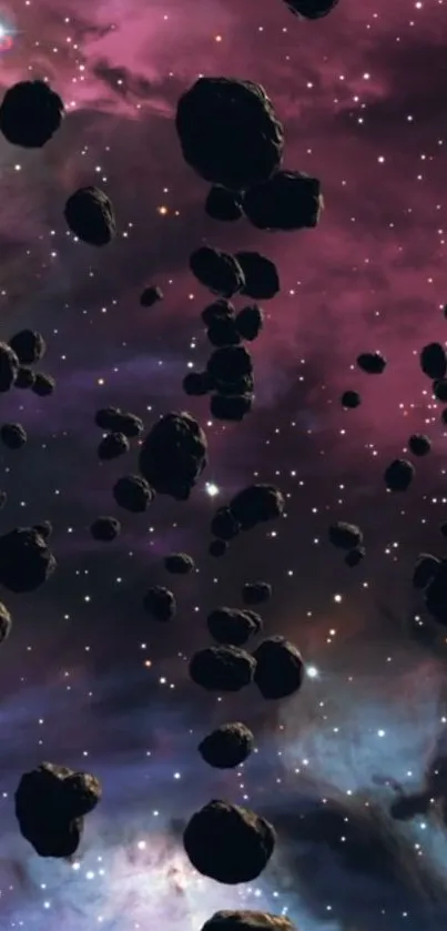 Asteroids floating through a purple-pink galaxy space.