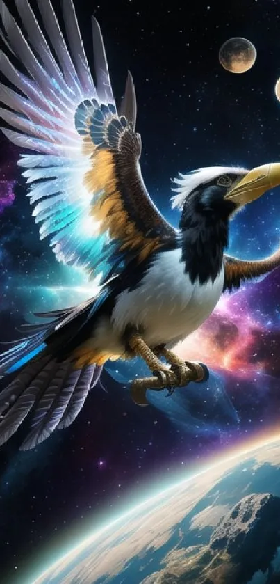 Majestic eagle flying in a colorful cosmic galaxy background.