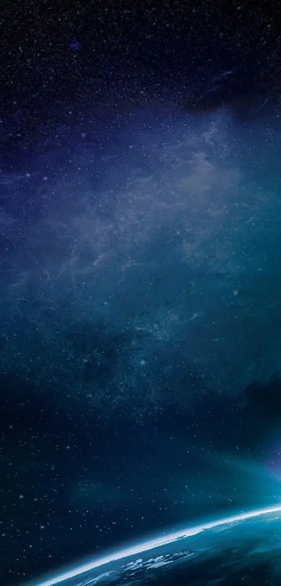 Cosmic blue space wallpaper with stars and Earth.