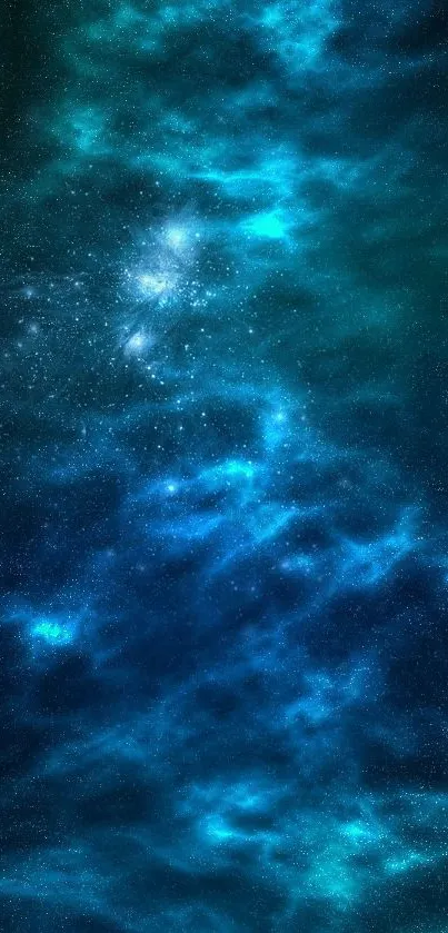 Blue cosmic wallpaper with stars and galaxies in a stunning night sky.