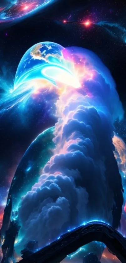 Vibrant cosmic cloud art wallpaper with swirling galaxies.