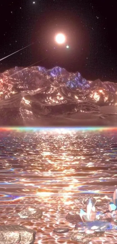 Cosmic landscape with crystals and water reflection at night.