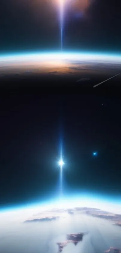 Luminous cosmic scene at a planet's horizon with vibrant space colors.