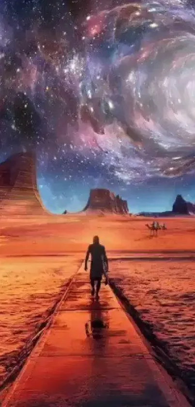 Person walking toward a cosmic portal over a desert landscape.