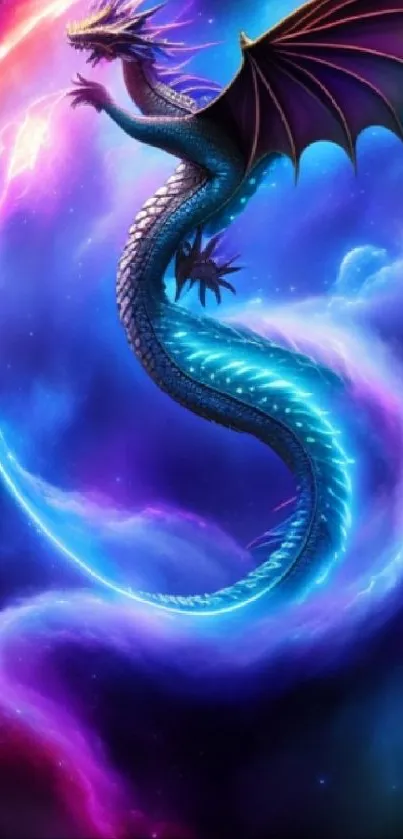 Colorful cosmic dragon amidst vibrant stars with blue and purple hues.