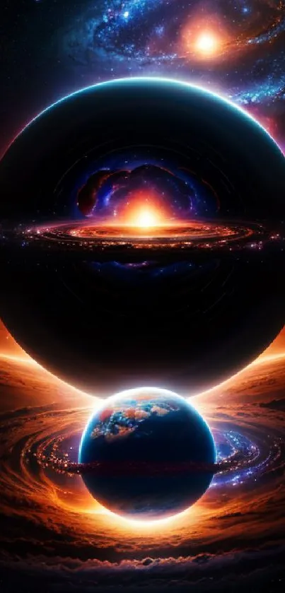 Cosmic wallpaper featuring dual planets and vibrant galaxies in space.