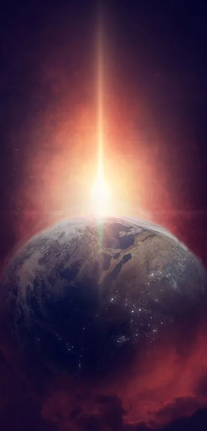 Radiant cosmic Earth with light burst wallpaper.