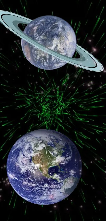 Mobile wallpaper with Earth and a cosmic planet, featuring vibrant green starbursts.