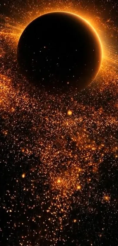 Cosmic eclipse with golden celestial dust.
