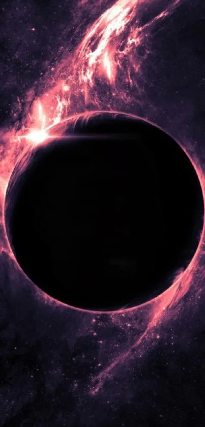 Majestic cosmic eclipse with vibrant purple hues and a dark planet center.