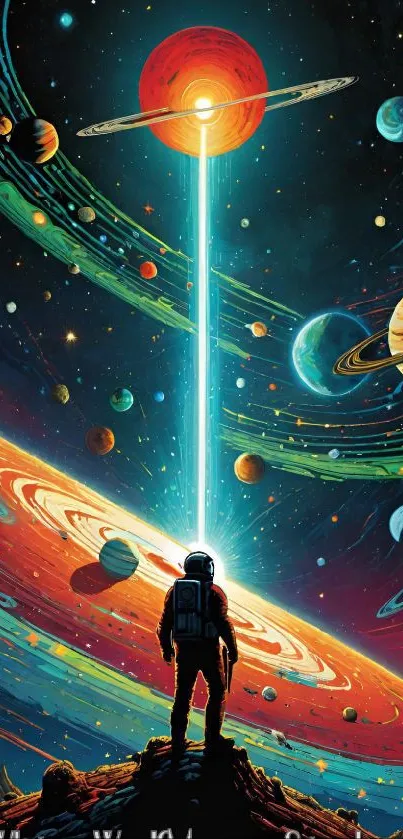 Astronaut gazing at planets in vibrant space setting.