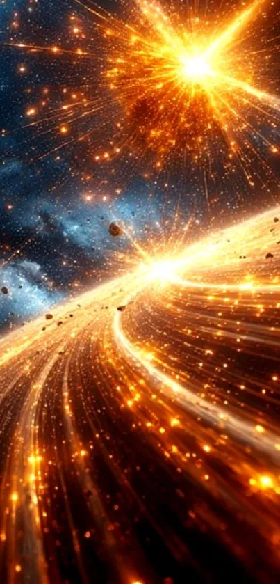 Cosmic explosion art with bright orange flashes.