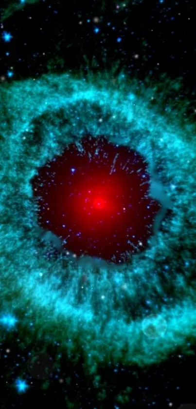 Cosmic eye wallpaper with red center and blue nebula for mobile devices.