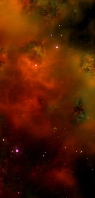 Vibrant cosmic fire wallpaper with orange and red nebula against starry backdrop.