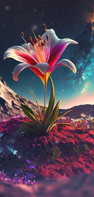 A vibrant flower blooms on a cosmic landscape with stars and a mountain.