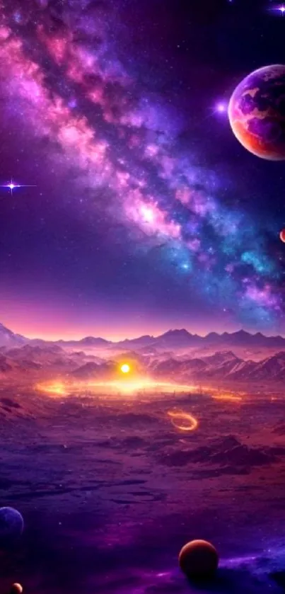 Vibrant cosmic galaxy with planets and glowing horizon in stunning wallpaper.