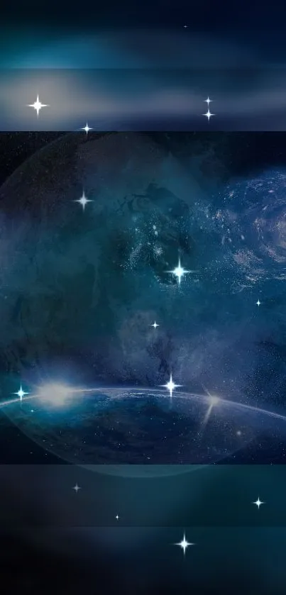 Mysterious galaxy wallpaper with stars and blue planet.