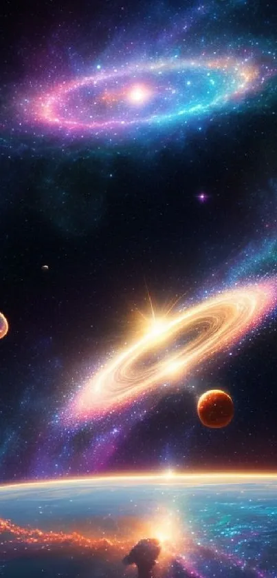 Cosmic galaxy wallpaper with vivid planets.