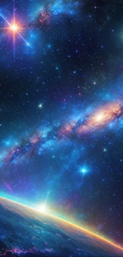 Colorful cosmic wallpaper showing galaxy and stars.