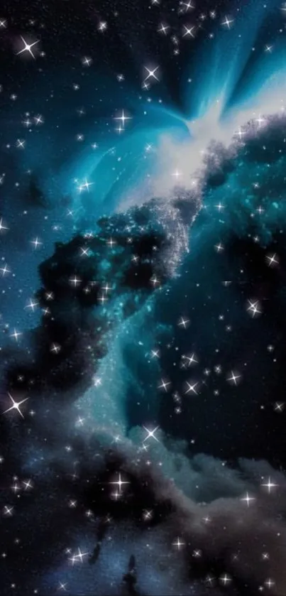 Galaxy wallpaper with stars and cosmic clouds in a teal sky.