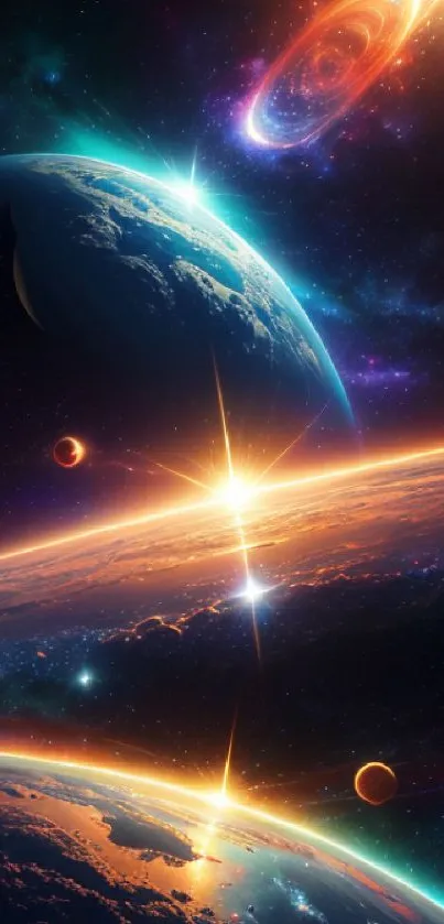 Dark blue cosmic wallpaper with vibrant planets and stars.