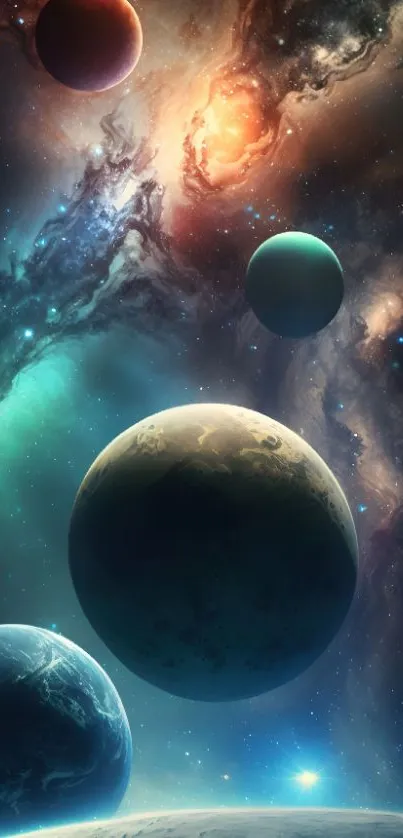 Cosmic wallpaper featuring planets and a colorful galaxy backdrop.